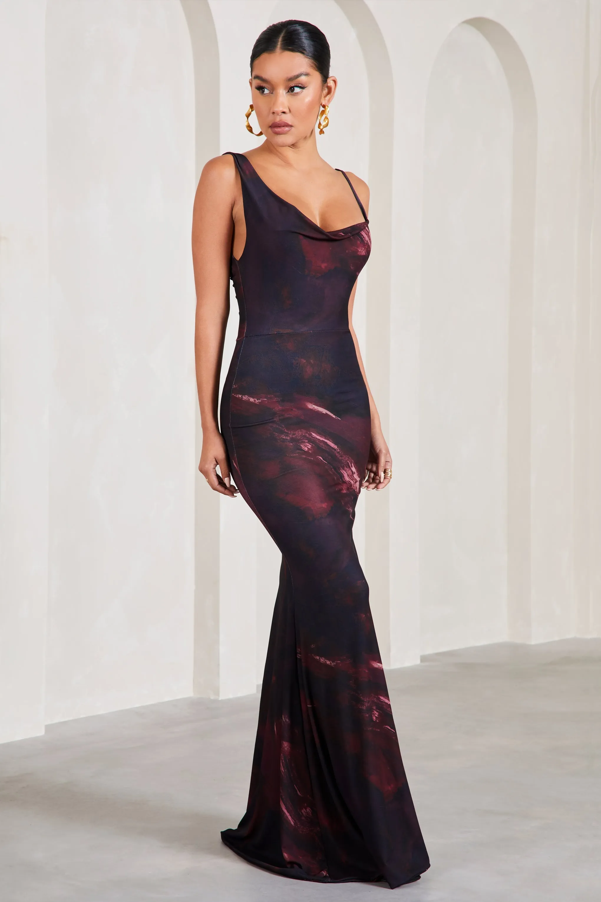 Phantasy | Plum Print Asymmetric Neckline Cowl Maxi Dress