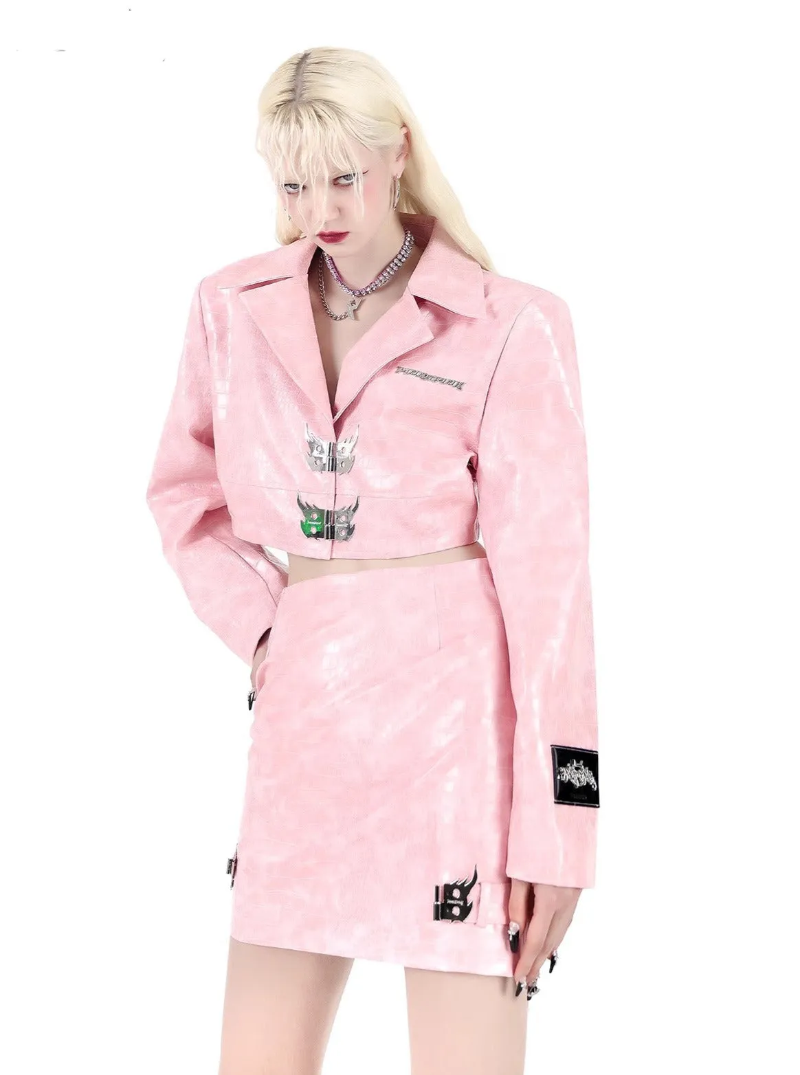 PINKSPINK Cropped Blazer and Mini Skirt Set - Black Croc and Pastel Pink