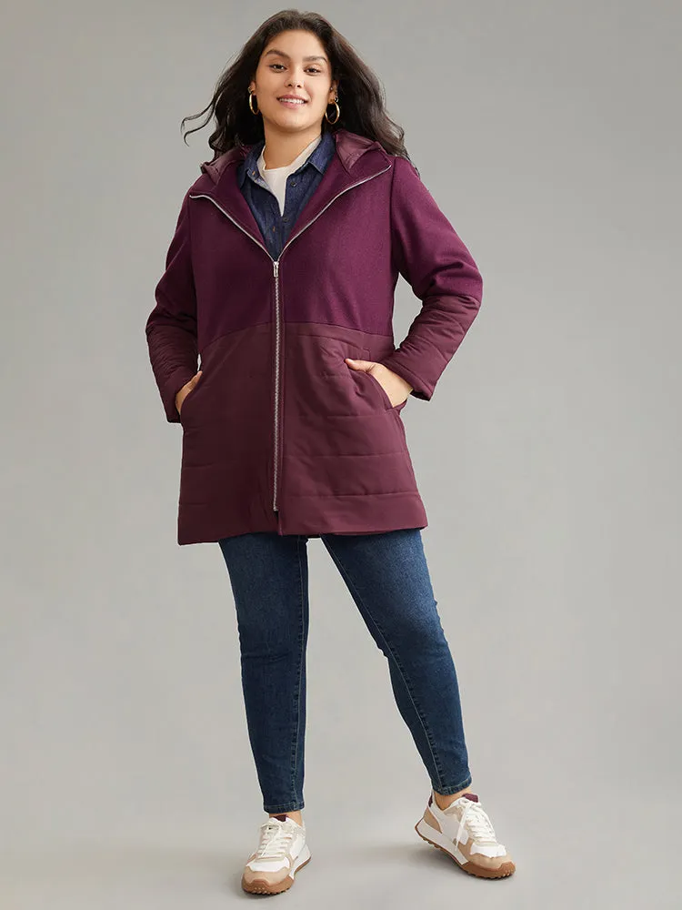 Plain Patchwork Zipper Padded Hooded Coat