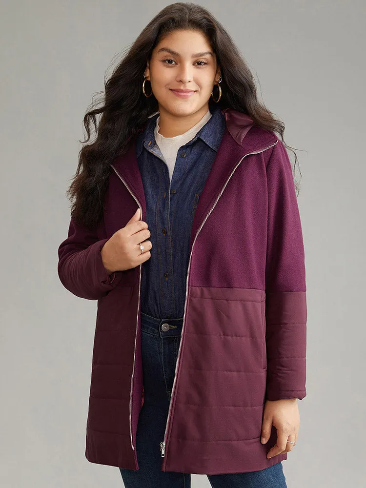 Plain Patchwork Zipper Padded Hooded Coat