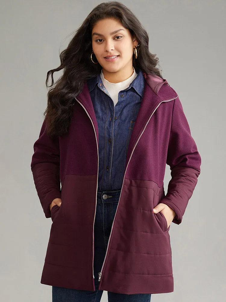 Plain Patchwork Zipper Padded Hooded Coat