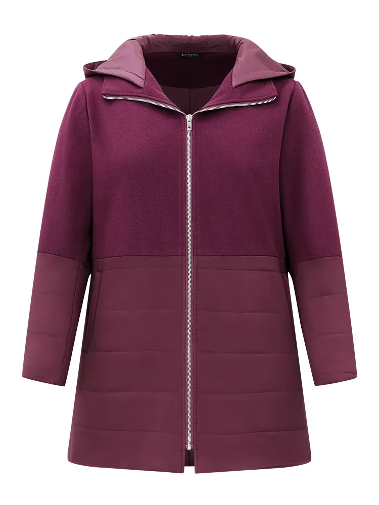 Plain Patchwork Zipper Padded Hooded Coat