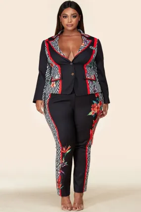 Plus-Size Black Flower Blazer Pant Suit Set