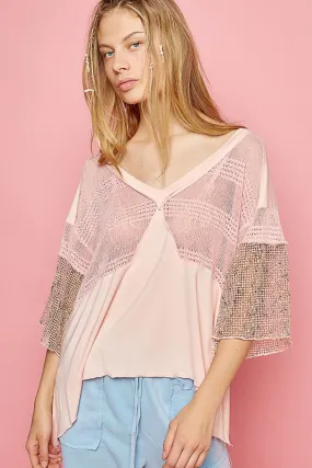 POL V-Neck Crochet Patch Knit Top