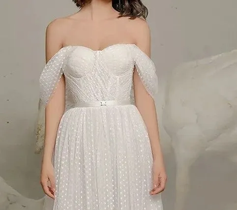 Polka Dot Tulle Of Shoulder Tea Length Wedding Dress All Sizes/Colors