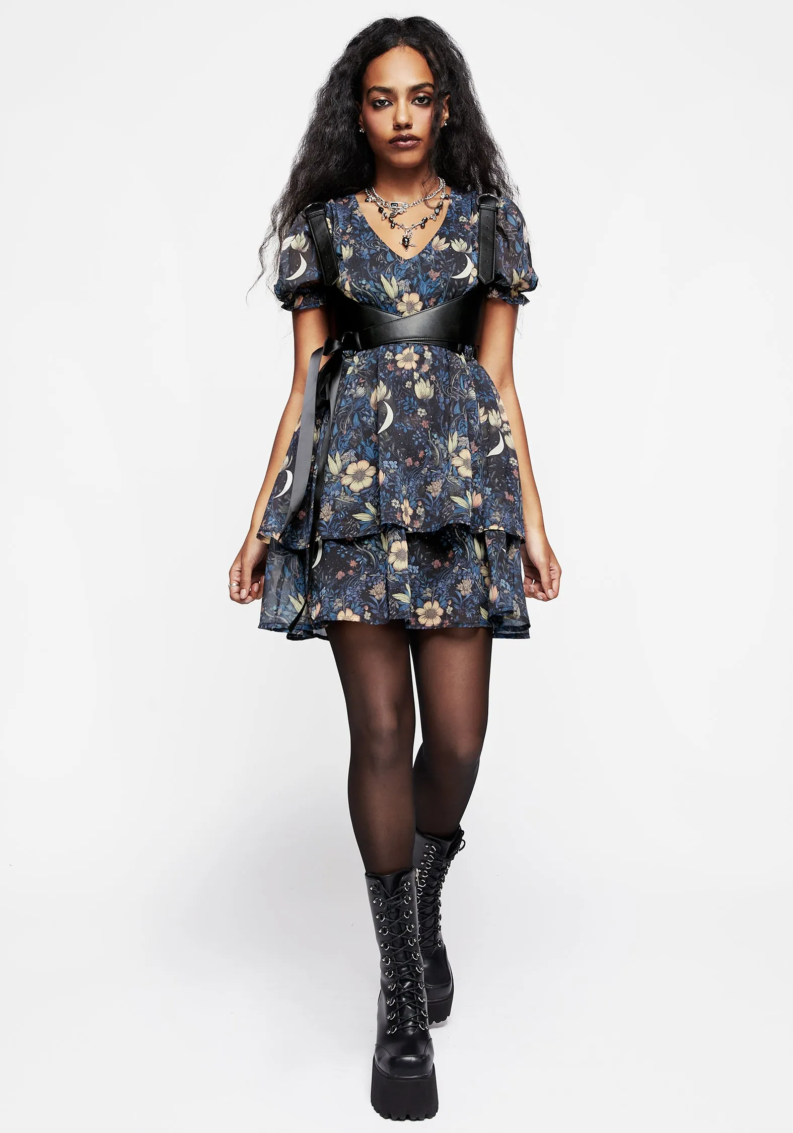 Primrose Floral Chiffon Puff Sleeve Layered Mini Dress