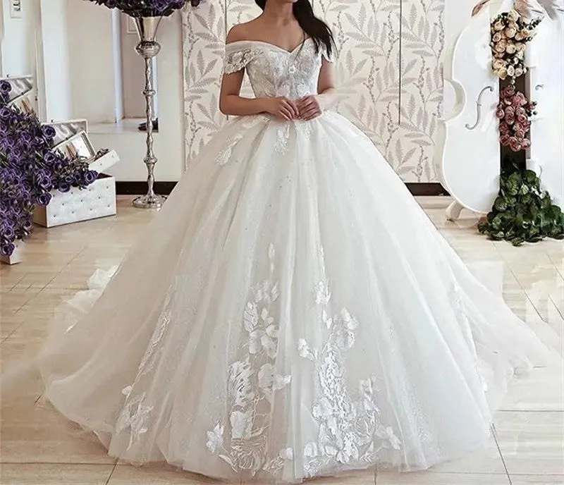 Princess Off Shoulder Lace Applique/Tulle Ball Wedding Gown All Sizes/Colors