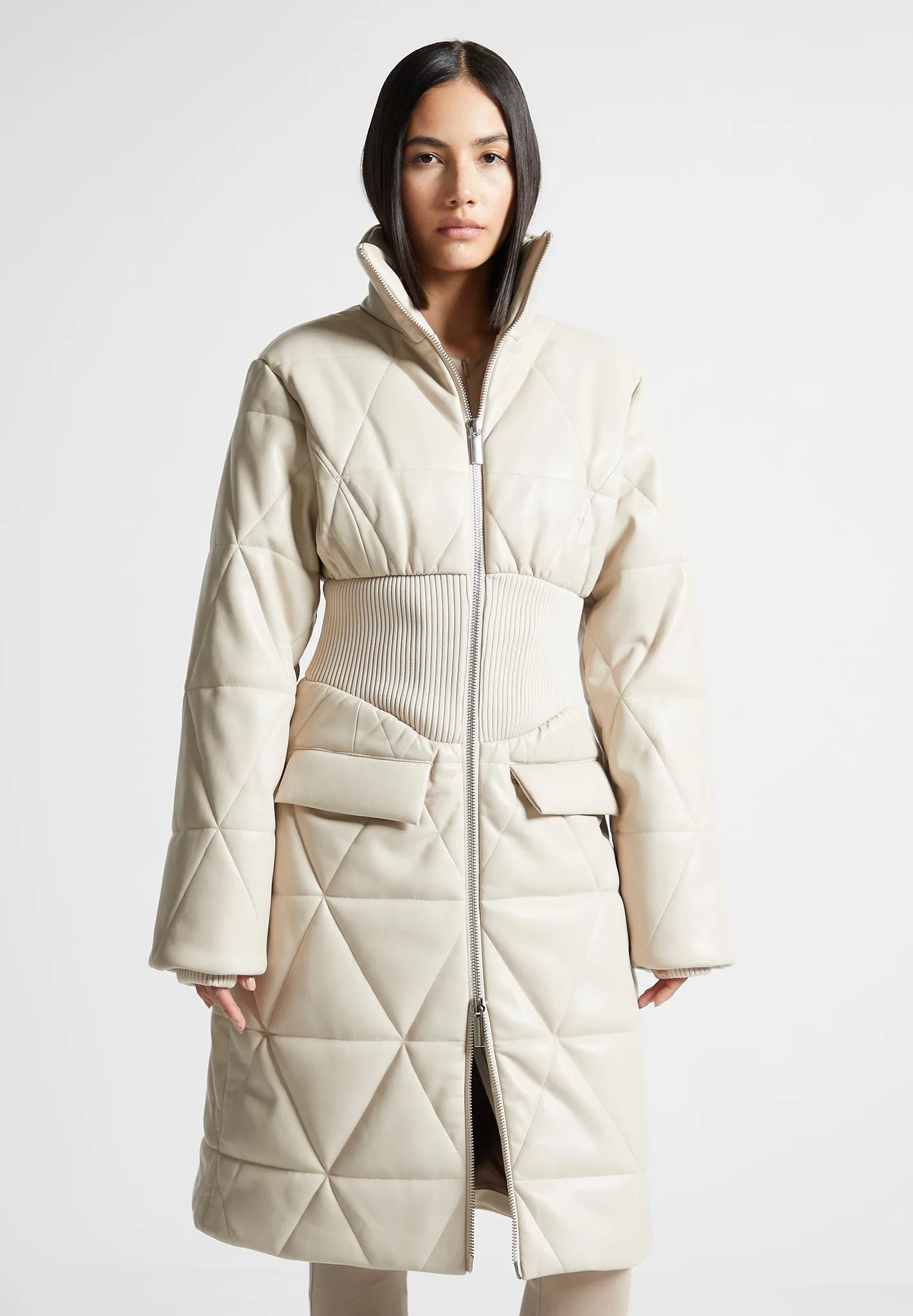 Quilted Leather Longline Corset Coat - Beige