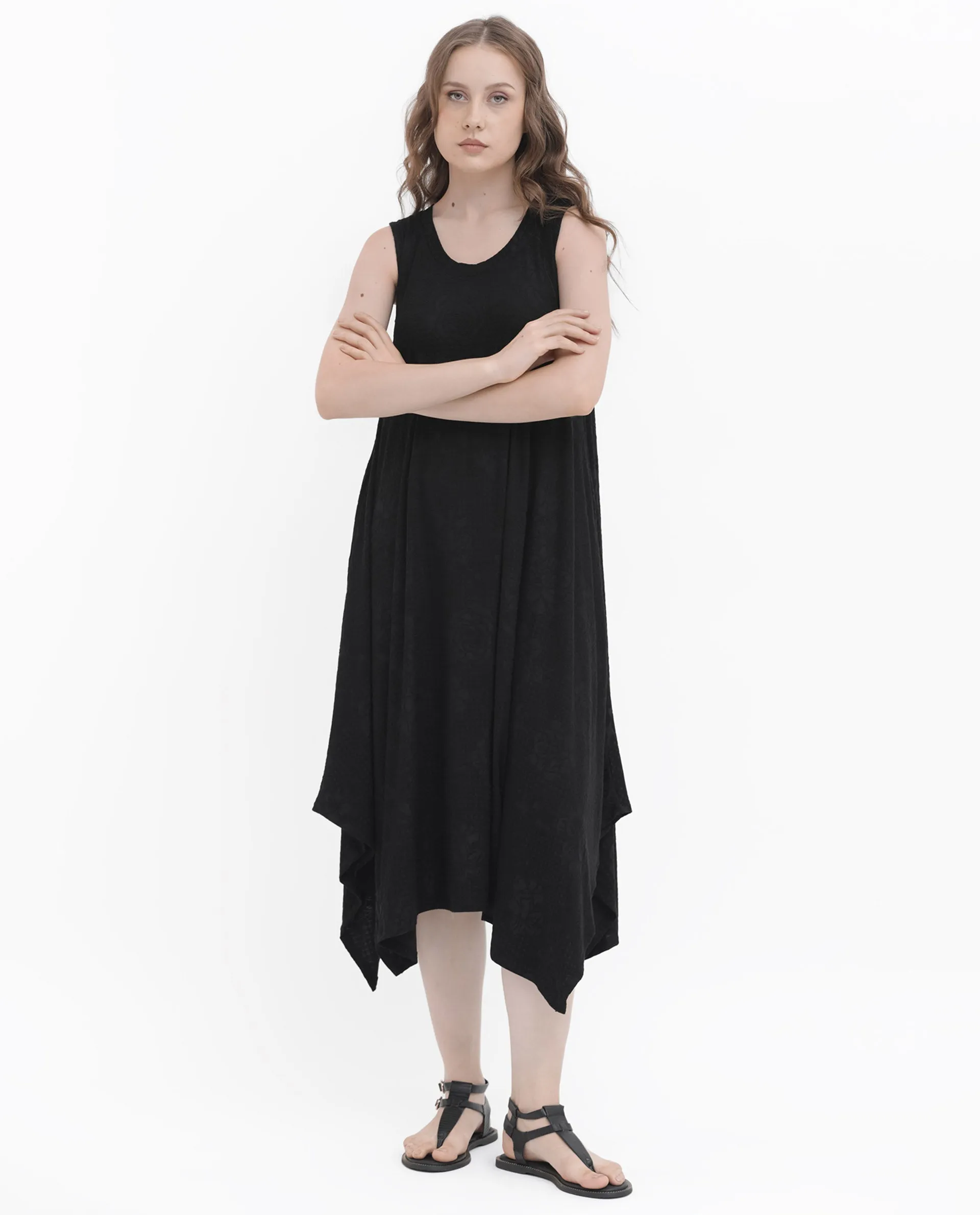 Rareism Women Cassidy Black Poly Viscose Elastane Fabric Round Neck Sleeveless Flared Fit Plain Midi Dress