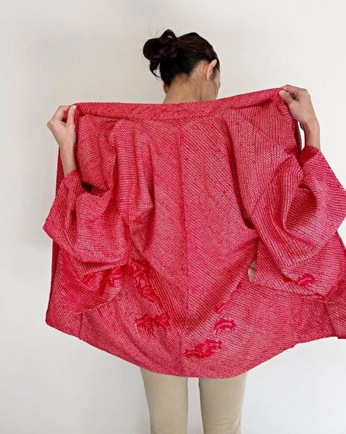 Raspberry pink Shibori Haori Kimono Jacket