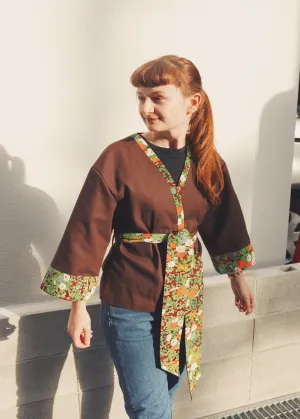 Red Flower-Kimono Jacket(Brown)