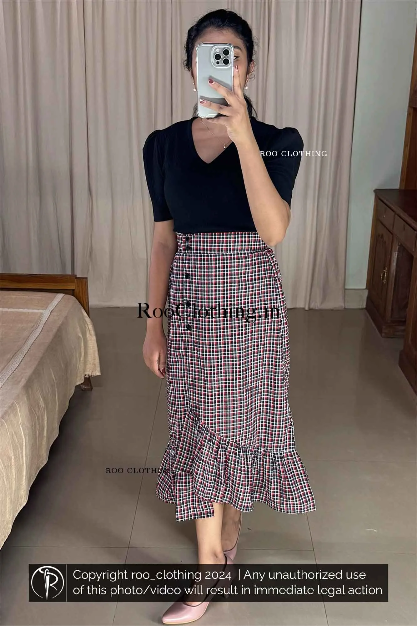 Red Tartan Checked A-Line Cotton Skirt with Layered Frill Hem (Skirt Only)