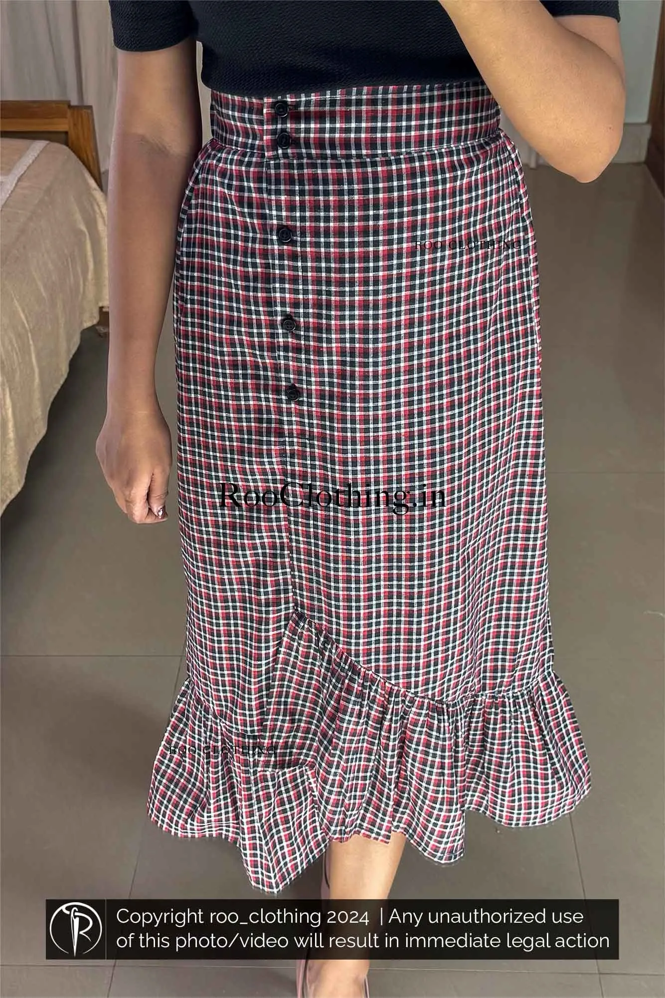 Red Tartan Checked A-Line Cotton Skirt with Layered Frill Hem (Skirt Only)