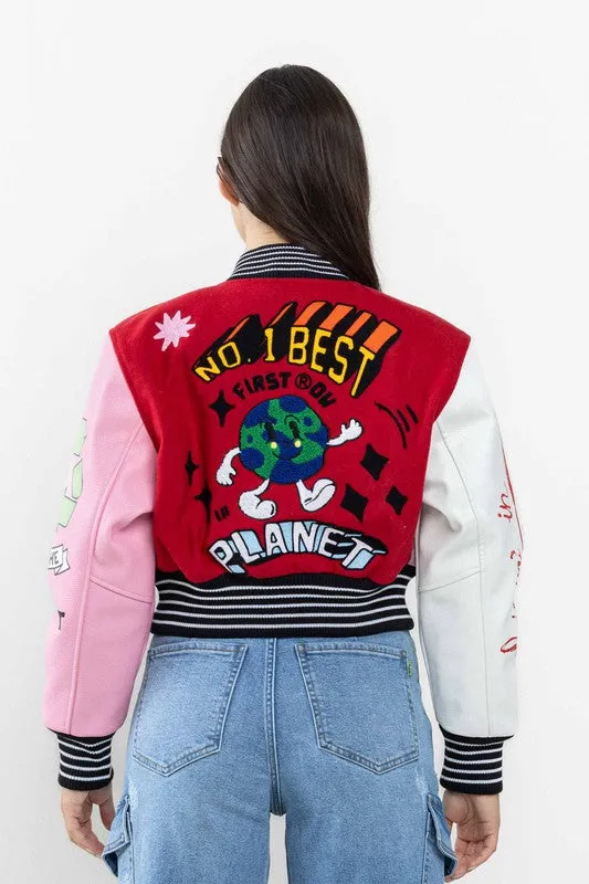 Red The Best Planet Cropped Varsity Jacket