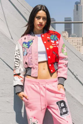 Red The Best Planet Cropped Varsity Jacket