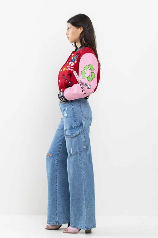 Red The Best Planet Cropped Varsity Jacket