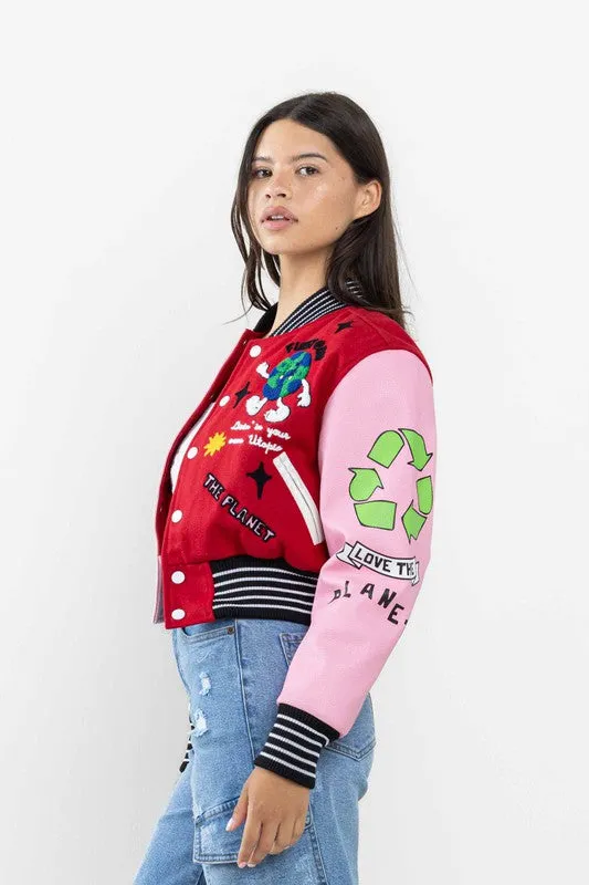 Red The Best Planet Cropped Varsity Jacket