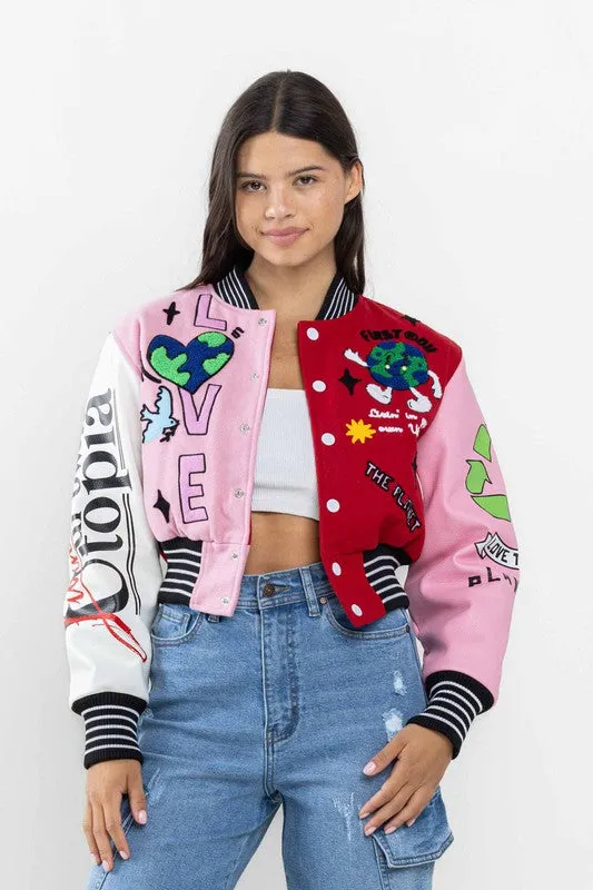 Red The Best Planet Cropped Varsity Jacket