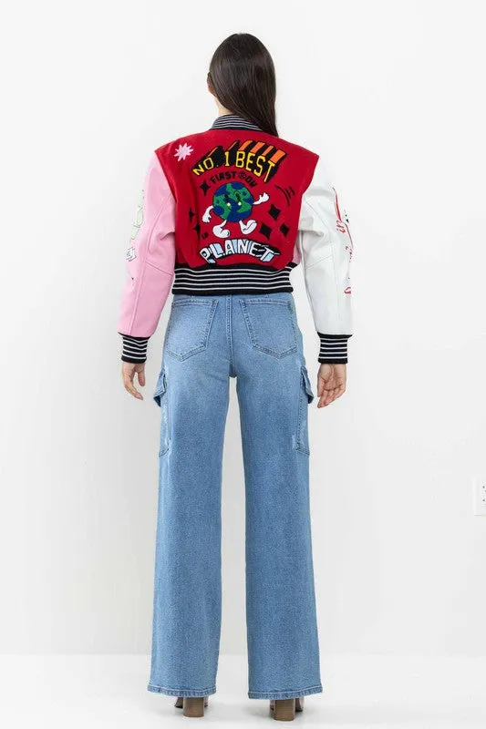 Red The Best Planet Cropped Varsity Jacket