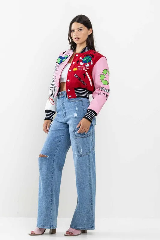 Red The Best Planet Cropped Varsity Jacket