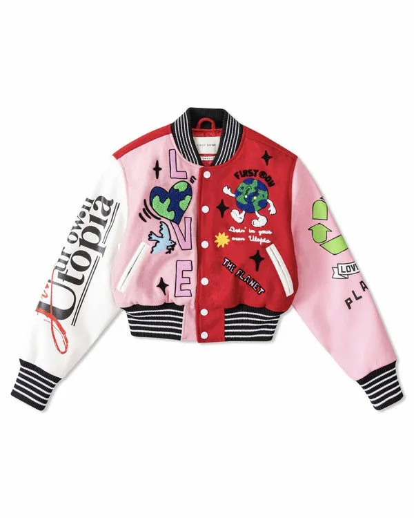 Red The Best Planet Cropped Varsity Jacket