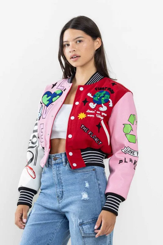 Red The Best Planet Cropped Varsity Jacket