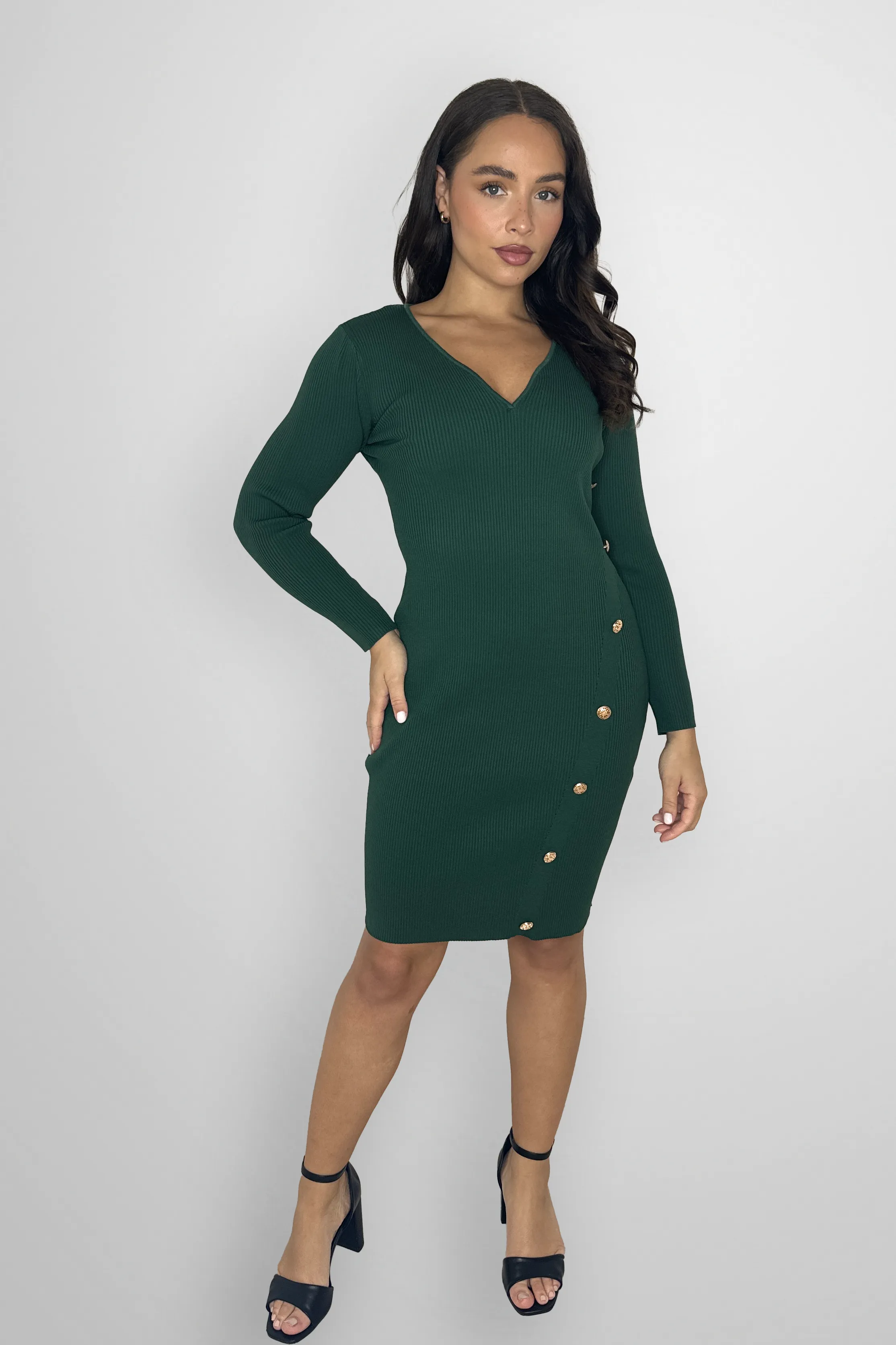 Ribbed Knit Side Button Detail Stretchy Knee Length Dress