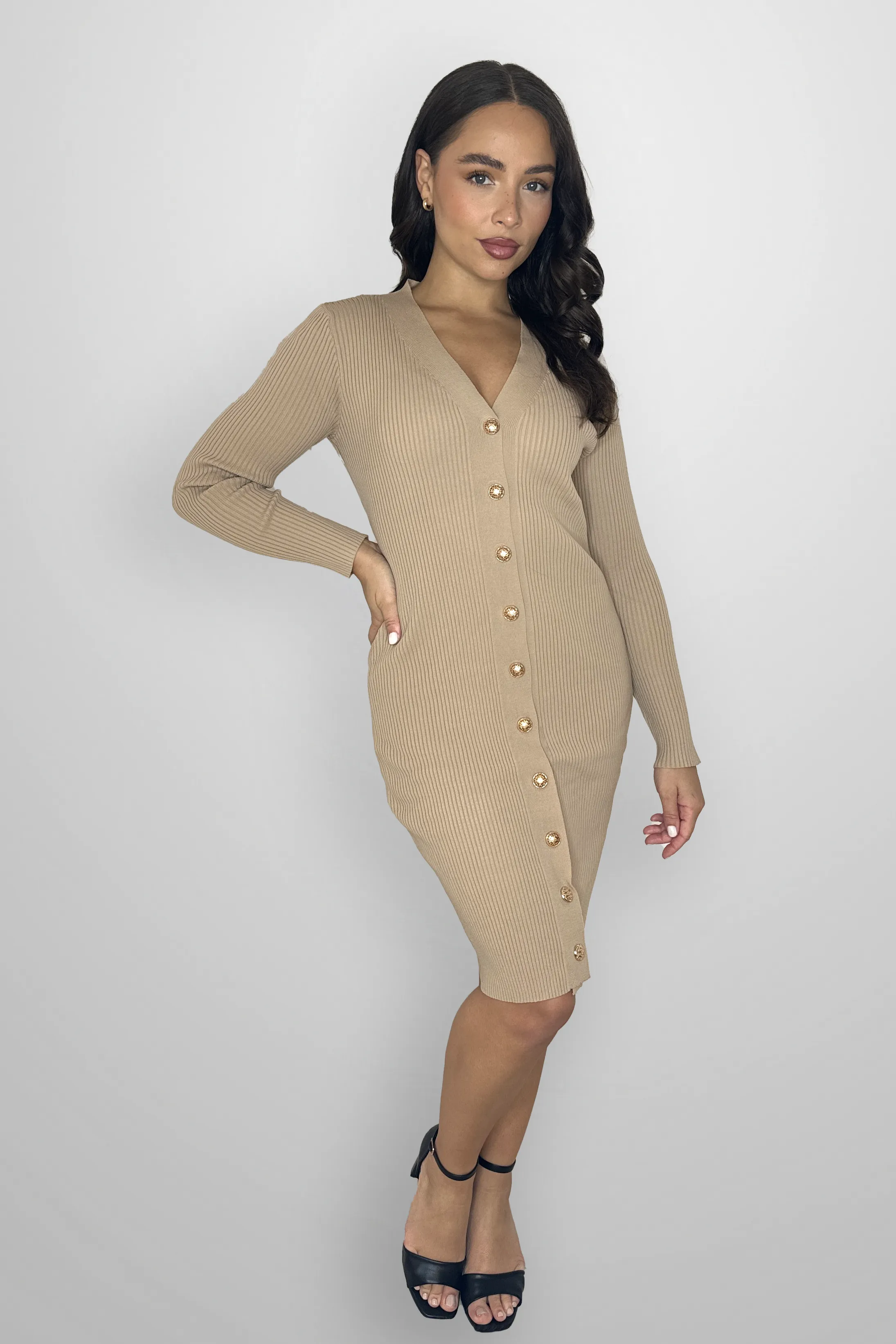 Ribbed Knit V-Cut Button Down Elegant Bodycon Dress