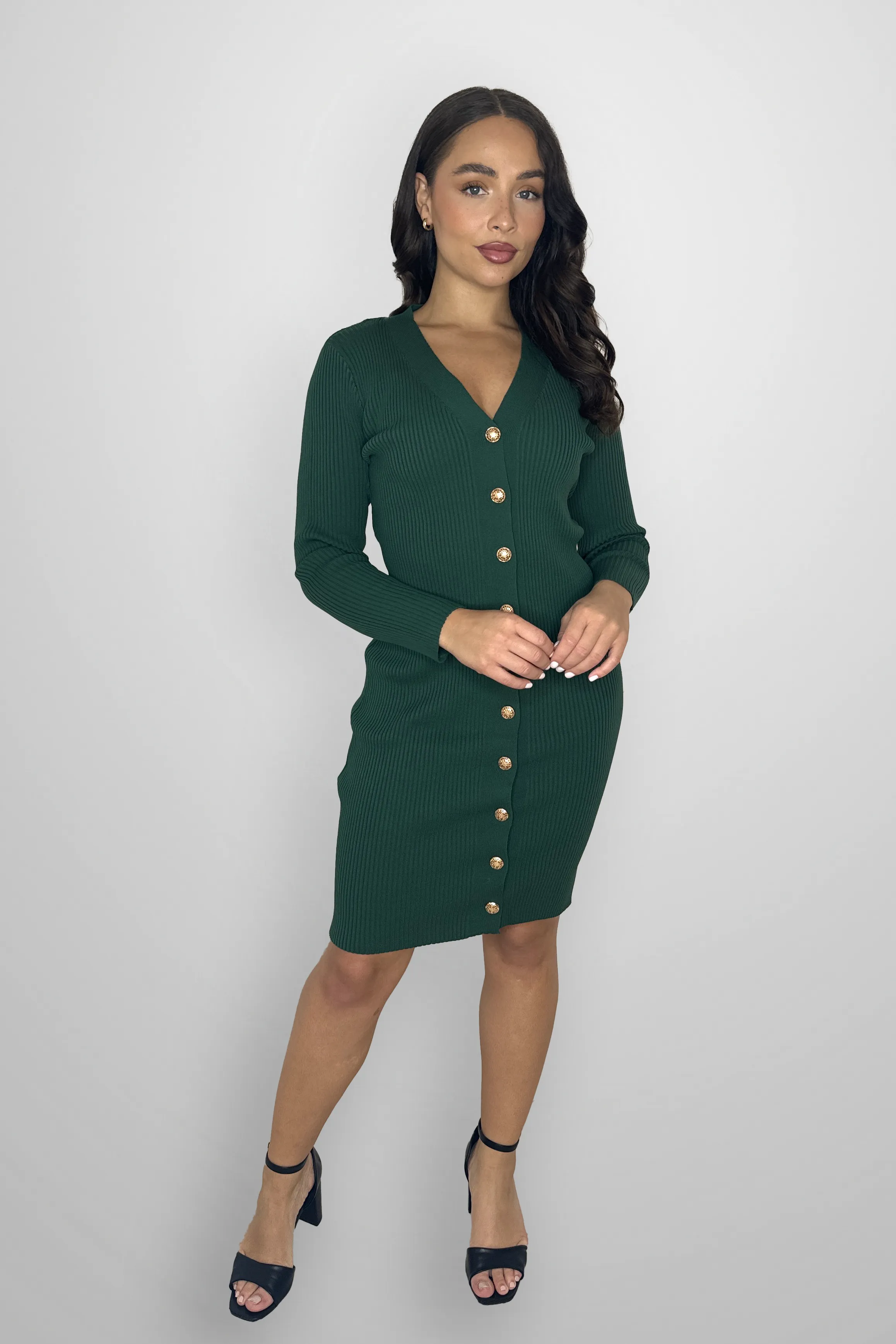 Ribbed Knit V-Cut Button Down Elegant Bodycon Dress