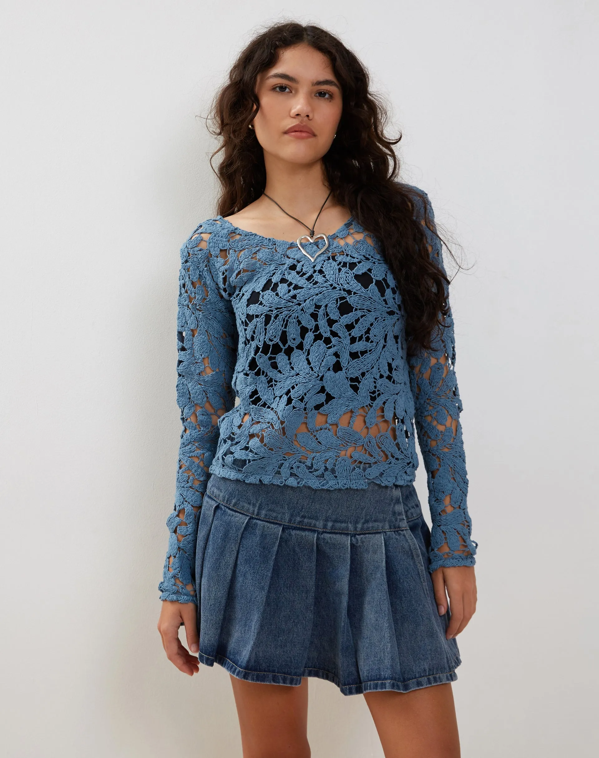 Ripu Floral Crochet Long Sleeve Top in Midnight Blue