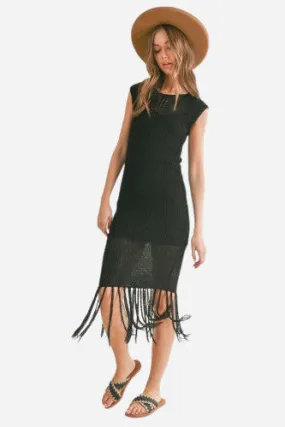 Sage the Label Mila Knitted Fringe Hem Midi Dress with Lining in Black