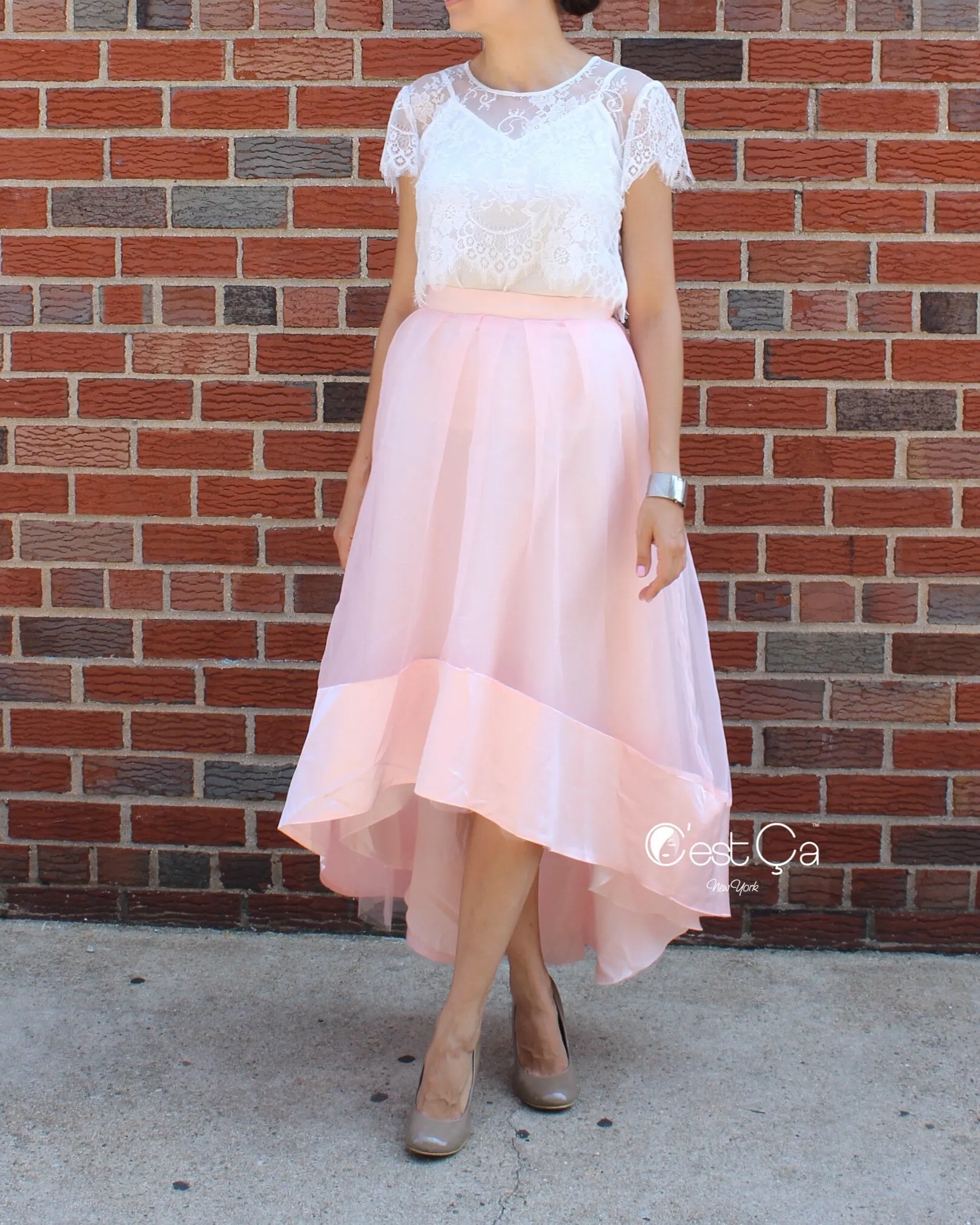 SAMPLE Donna Blush Pink High-Low Satin Organza & Tulle Skirt (size 10/12)