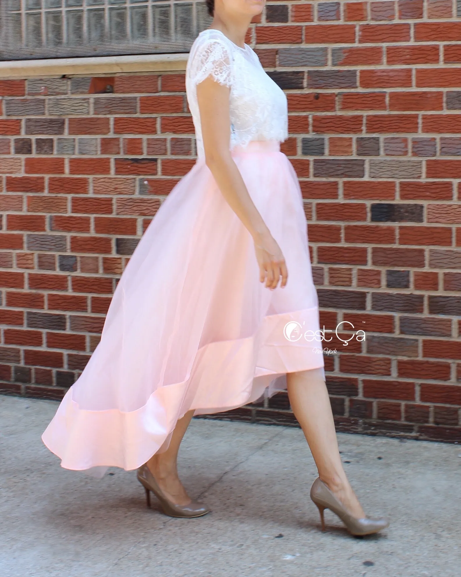 SAMPLE Donna Blush Pink High-Low Satin Organza & Tulle Skirt (size 10/12)