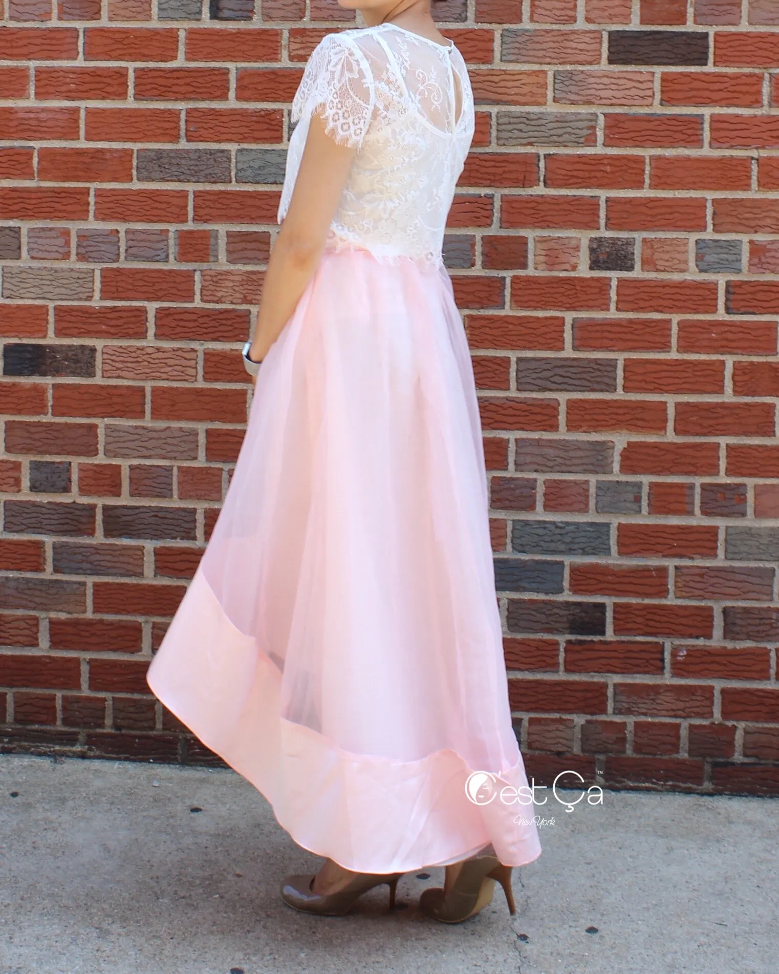 SAMPLE Donna Blush Pink High-Low Satin Organza & Tulle Skirt (size 10/12)