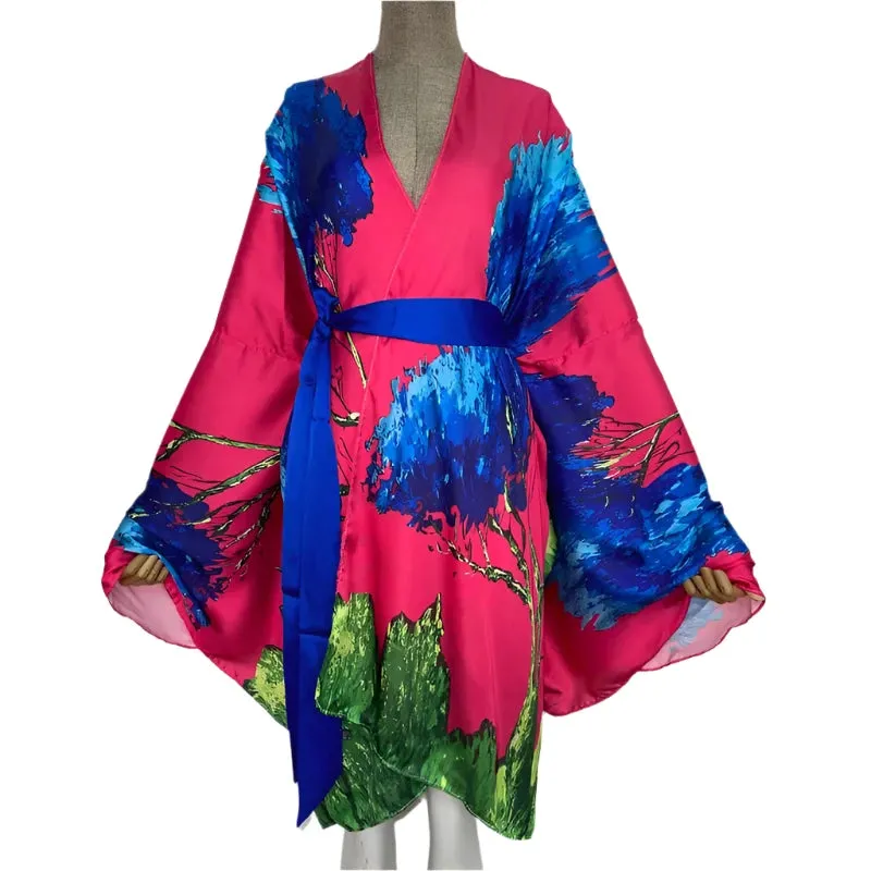 Satin Silk Polyester Blend Boho Kimono Cardigan - WINI