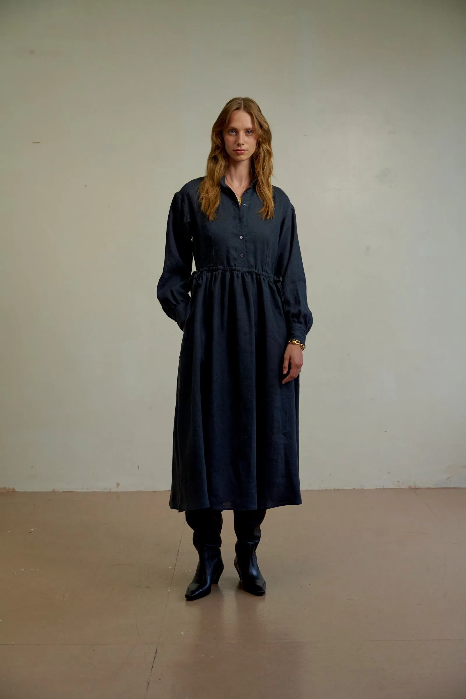 SCUTTLE BLACK LINEN SHIRT DRESS