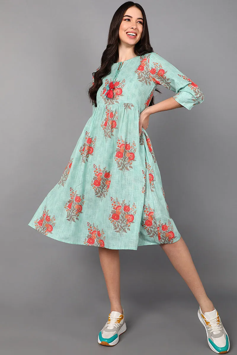 Sea Green Cotton Floral Printed Midi Dress