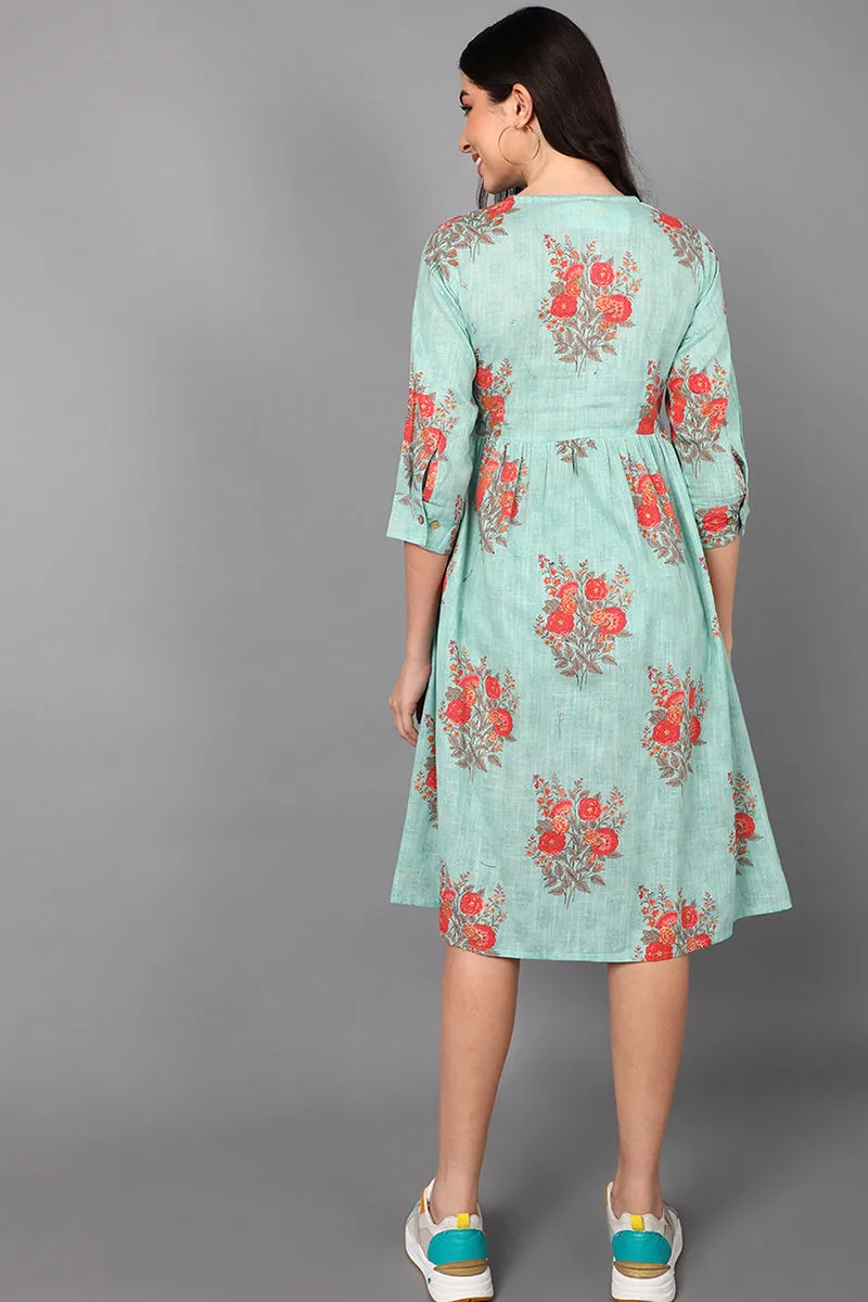 Sea Green Cotton Floral Printed Midi Dress