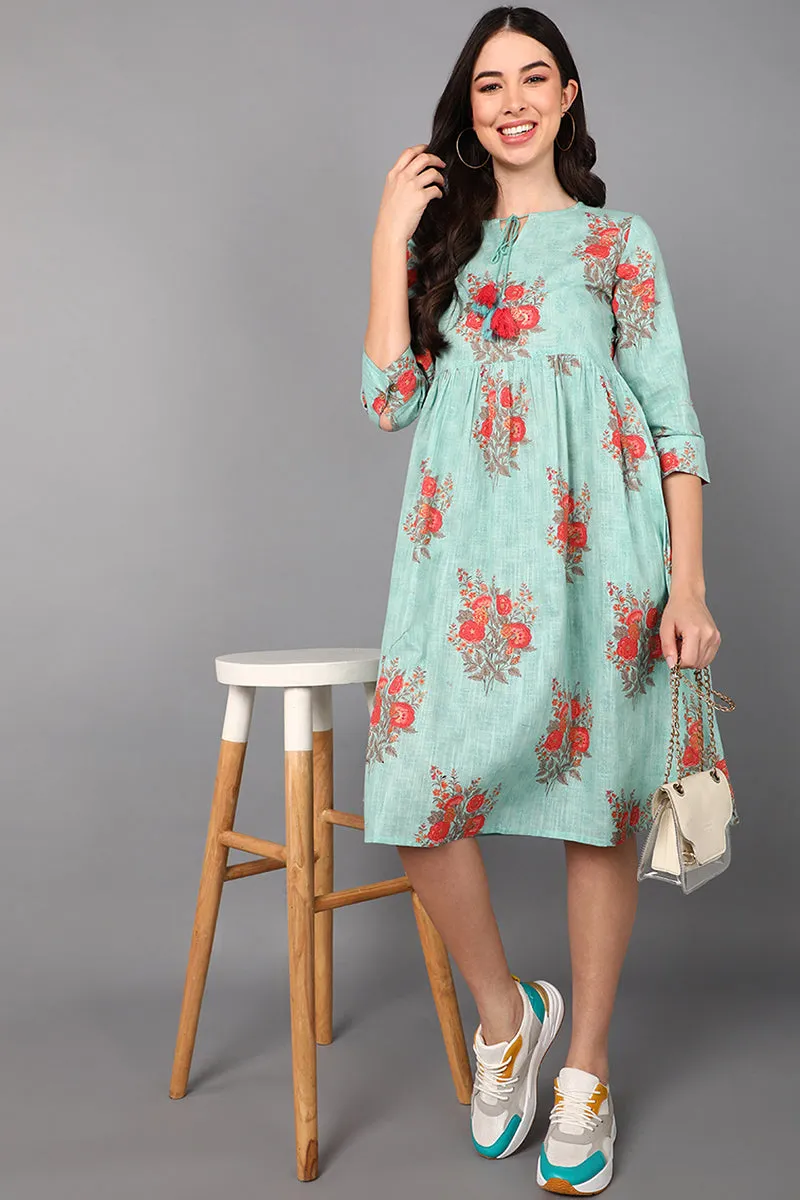 Sea Green Cotton Floral Printed Midi Dress