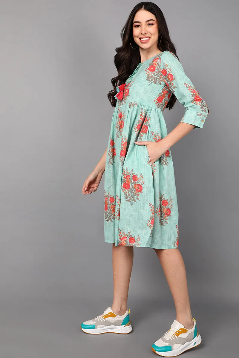 Sea Green Cotton Floral Printed Midi Dress