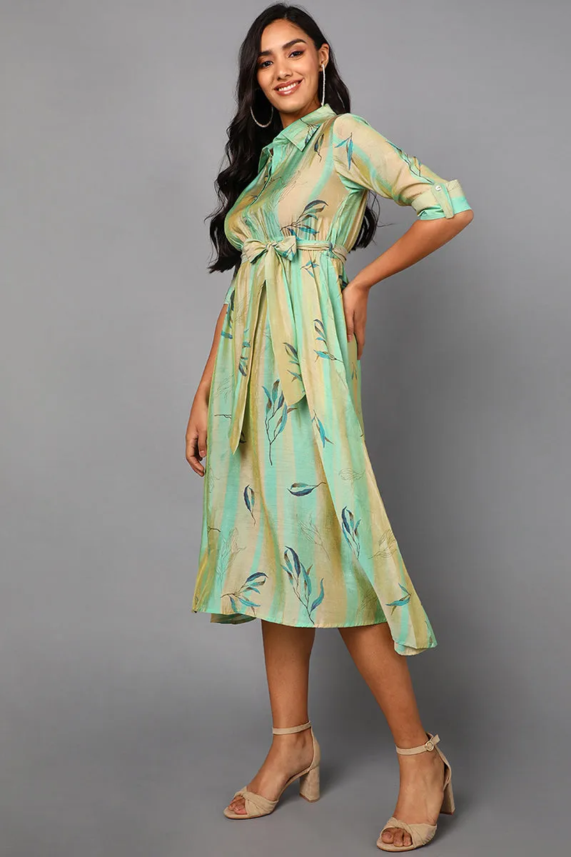 Sea Green Polyester Abstract Print Midi Dress