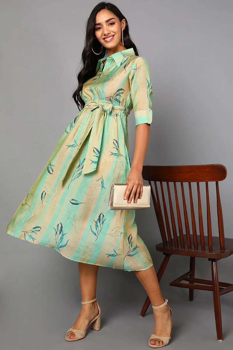 Sea Green Polyester Abstract Print Midi Dress