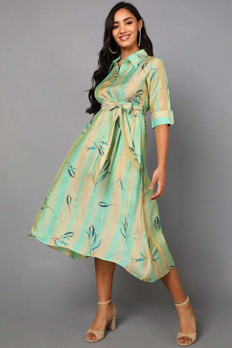 Sea Green Polyester Abstract Print Midi Dress