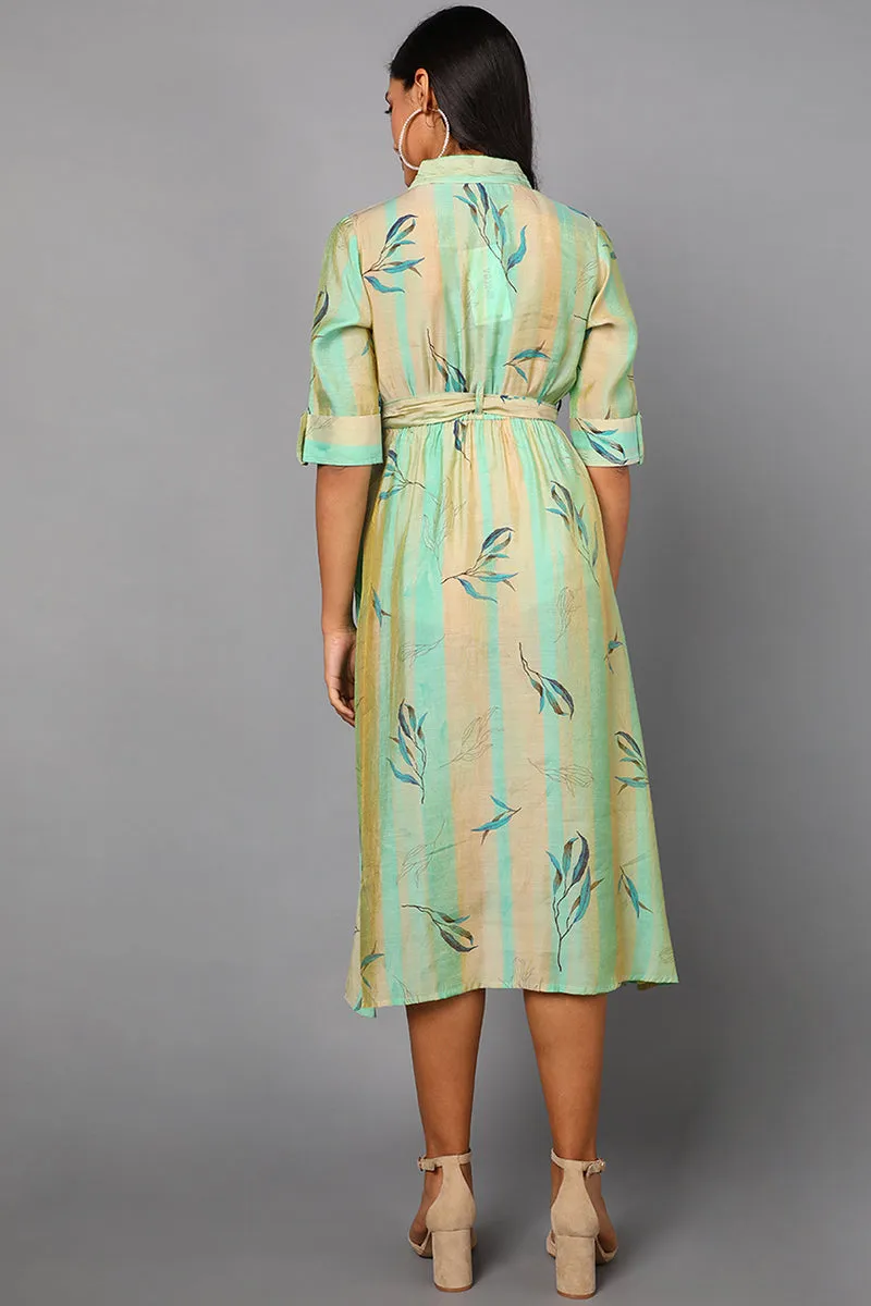 Sea Green Polyester Abstract Print Midi Dress