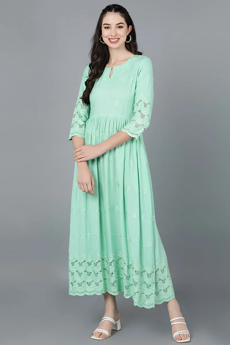 Sea Green Viscose Rayon Solid Flared Maxi Dress