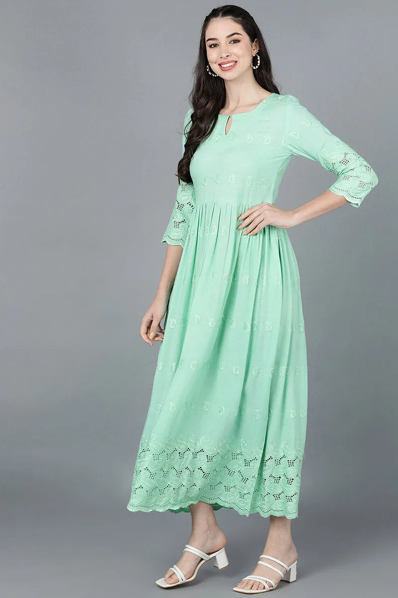 Sea Green Viscose Rayon Solid Flared Maxi Dress