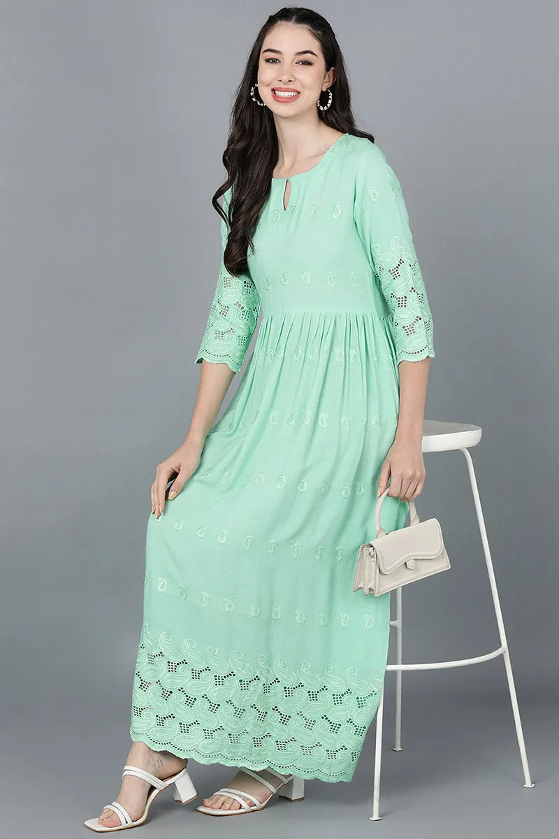 Sea Green Viscose Rayon Solid Flared Maxi Dress