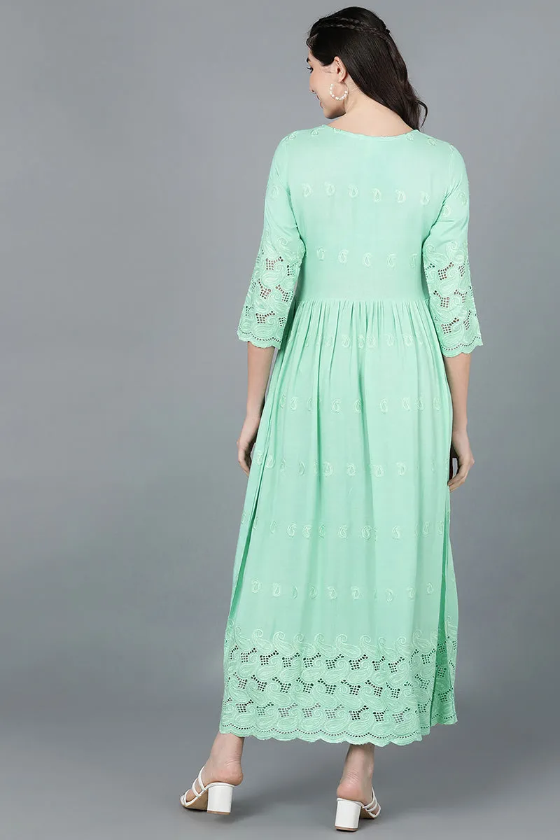 Sea Green Viscose Rayon Solid Flared Maxi Dress