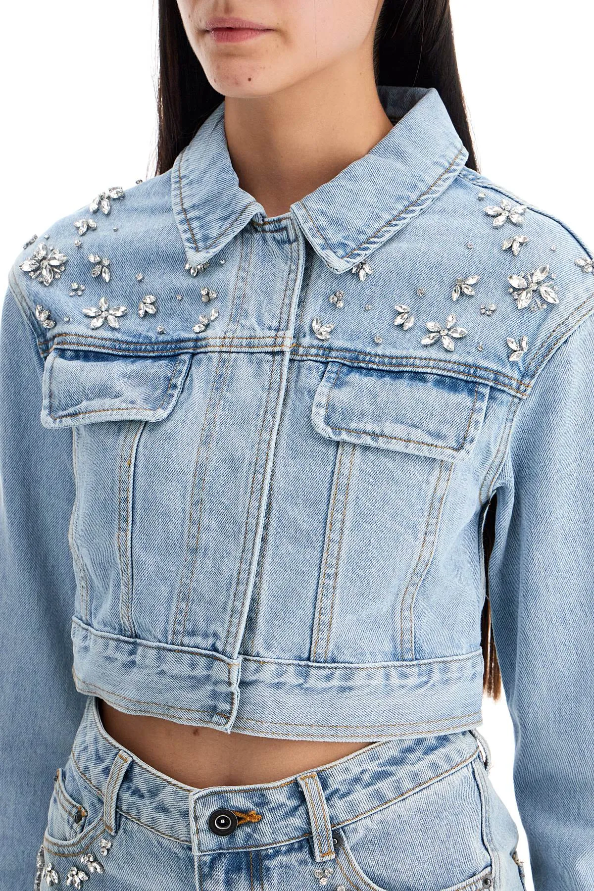 Self Portrait Cropped Denim Jacket For Women