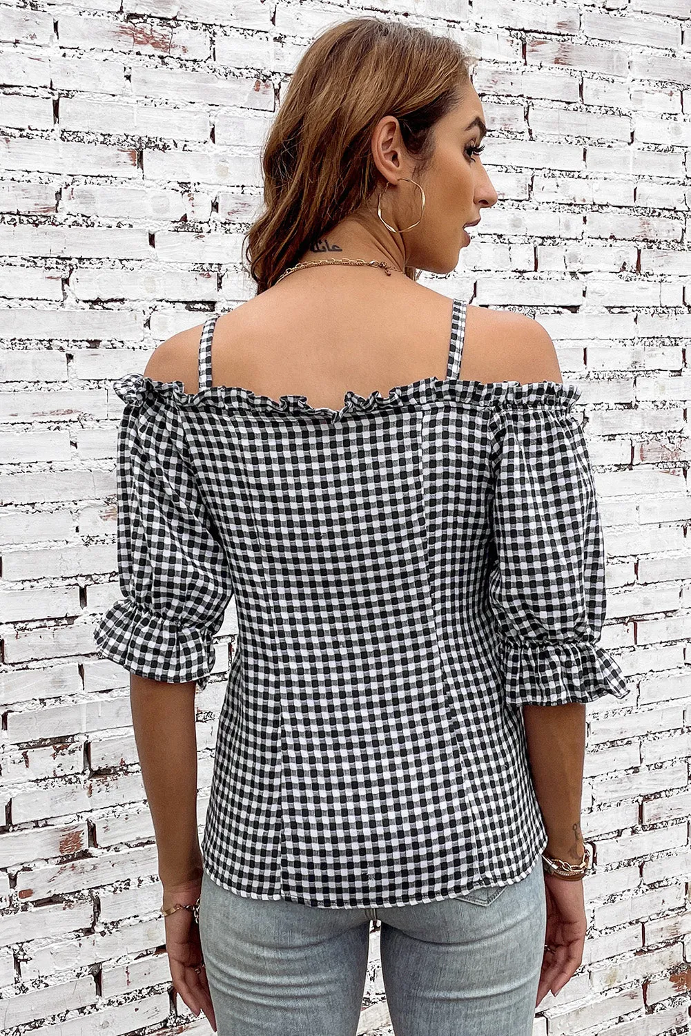 Sexy Sweet Plaid Button Detail Sweetheart Neck Frill Trim Off Cold-Shoulder Top